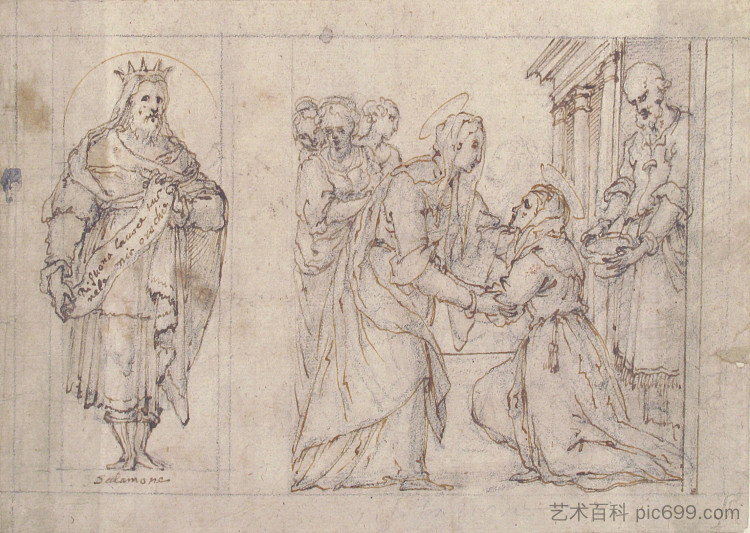 圣母对圣伊丽莎白的访问;所罗门王在左边的壁龛 The Visitation of the Virgin to Saint Elizabeth; King Solomon in a Niche at Left,卡洛·乌尔比诺