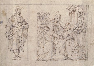 圣母对圣伊丽莎白的访问;所罗门王在左边的壁龛 The Visitation of the Virgin to Saint Elizabeth; King Solomon in a Niche at Left，卡洛·乌尔比诺