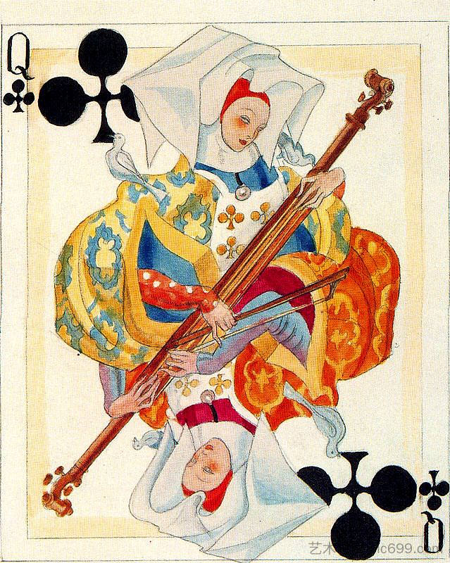 卡片的彩色草图。赫拉克略·富尼耶。 A color sketch of a card. Heraclius Fournier. (1953; Spain  )，卡洛斯·萨恩斯·代·特哈达