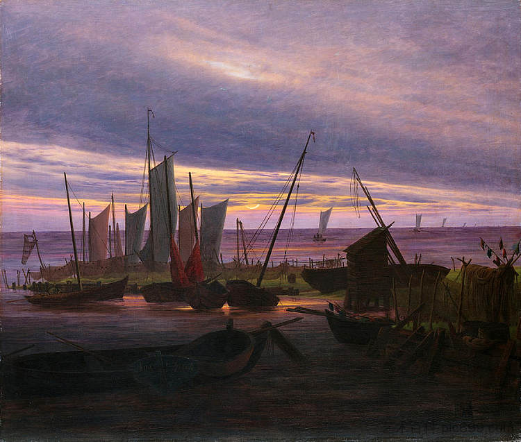 傍晚时分在港口的船只 Boats in the Harbour at Evening (1828),卡斯珀尔·大卫·弗里德里希