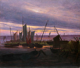 傍晚时分在港口的船只 Boats in the Harbour at Evening (1828)，卡斯珀尔·大卫·弗里德里希