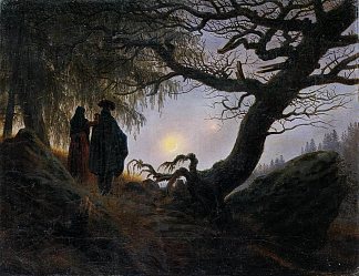 情侣凝视月亮 Couple Gazing at the Moon (c.1824)，卡斯珀尔·大卫·弗里德里希