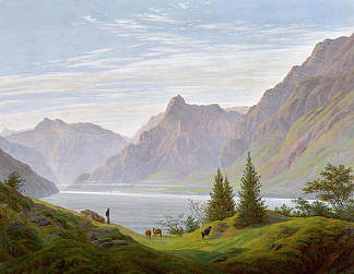 山湖早晨景观 Landscape with Mountain Lake Morning，卡斯珀尔·大卫·弗里德里希