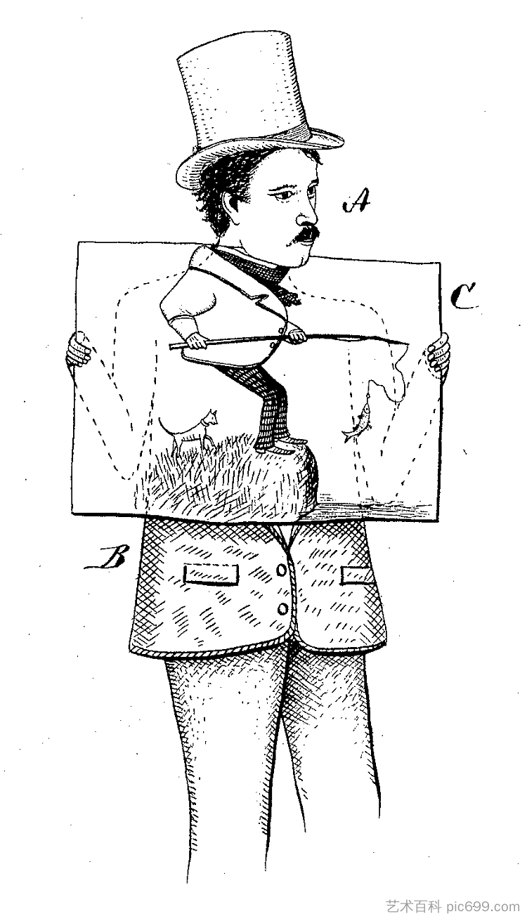男人举着一个喜剧前景,将他置于钓鱼场景中 Man Holding up a Comic Foreground That Puts Him in a Fishing Scene (1874),卡修斯·马塞勒斯·柯立芝