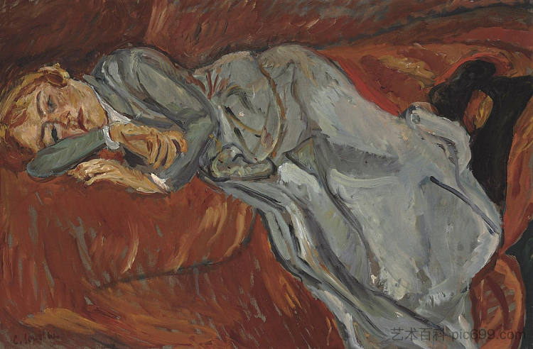 女人斜倚在红色沙发上 Woman reclining on a red divan (c.1916)，柴姆·苏丁