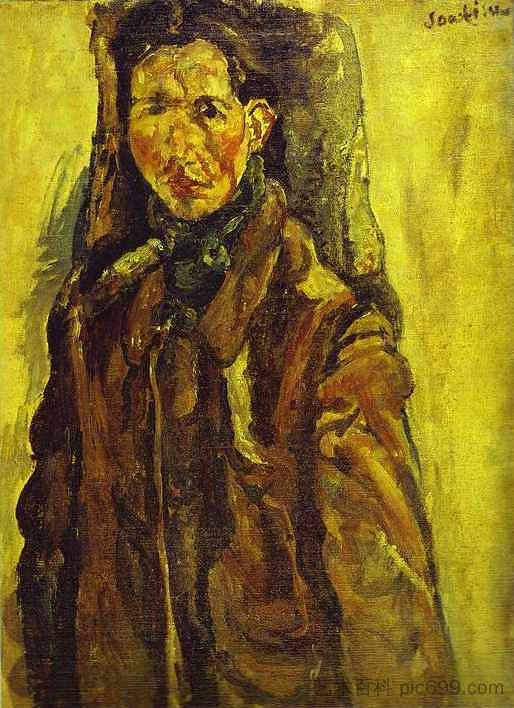 窗帘自画像 Self Portrait by Curtain (c.1917)，柴姆·苏丁