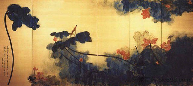 金色屏幕上的深红色莲花 Crimson lotuses on gold screen，张大钊