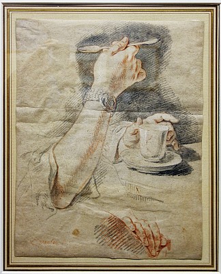 三项关于手的研究，包括一个喝咖啡的女性的手 Three studies of hands including that of a woman having coffee，Charles-Andre van Loo （Carle van Loo）