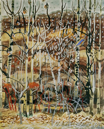 蓝鸟和卡顿伍德（桦树） Bluebird and Cottonwoods (The Birches) (1917)，查尔斯·伯奇菲尔德