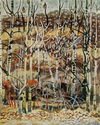 蓝鸟和卡顿伍德（桦树） Bluebird and Cottonwoods (The Birches) (1917)，查尔斯·伯奇菲尔德