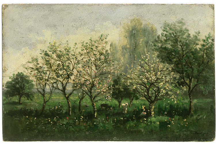 盛开的苹果树 Apple Trees in Blossom (1860 - 1862; United Kingdom  )，科罗、让·弗朗索瓦·米勒和查理·法兰斯瓦·杜比尼