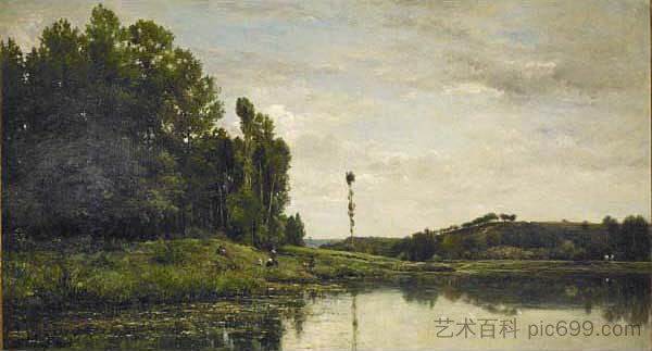 瓦兹河岸 Banks of the Oise (1863; France  )，科罗、让·弗朗索瓦·米勒和查理·法兰斯瓦·杜比尼