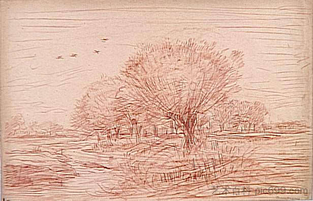 河流景观:穿过树木繁茂的草地的小溪 River Landscape: Creek crossing a wooded meadow,科罗、让·弗朗索瓦·米勒和查理·法兰斯瓦·杜比尼