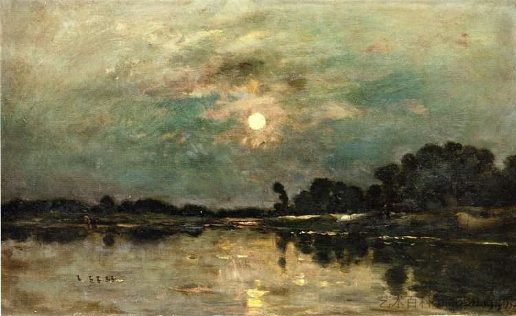 月光下的河岸 Riverbank in Moonlight (1875)，科罗、让·弗朗索瓦·米勒和查理·法兰斯瓦·杜比尼