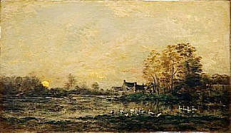 夕阳下的沼泽 The bog in the sunset (1861; France                     )，科罗、让·弗朗索瓦·米勒和查理·法兰斯瓦·杜比尼