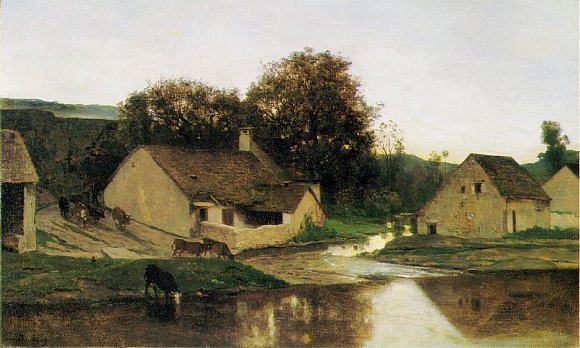 早晨的奥普特沃兹小村庄 The Hamlet of Optevoz, in the morning (c.1852; France  )，科罗、让·弗朗索瓦·米勒和查理·法兰斯瓦·杜比尼