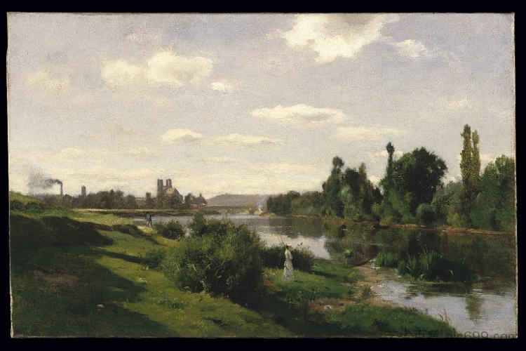 曼特斯的塞纳河 The River Seine at Mantes (c.1856; Hargeville / Arnouville-lès-mantes,France  )，科罗、让·弗朗索瓦·米勒和查理·法兰斯瓦·杜比尼