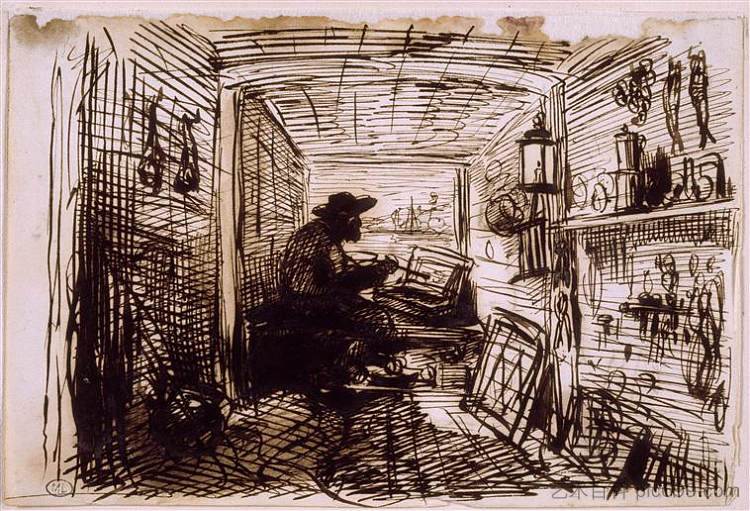 船上的工作室 The Studio on the Boat (1861)，科罗、让·弗朗索瓦·米勒和查理·法兰斯瓦·杜比尼