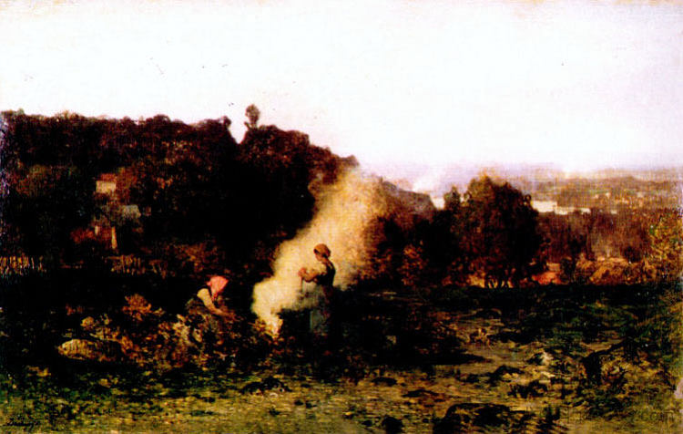 乡下的柴火 Wood fire in the country (1871)，科罗、让·弗朗索瓦·米勒和查理·法兰斯瓦·杜比尼