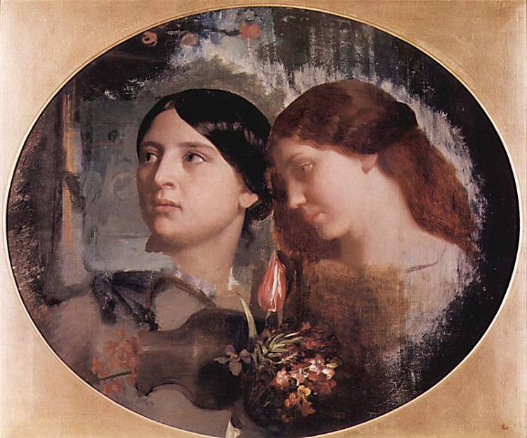 两个女人拿着一束花 Two Women with a Bouquet of Flowers (1852)，查尔斯·格莱尔