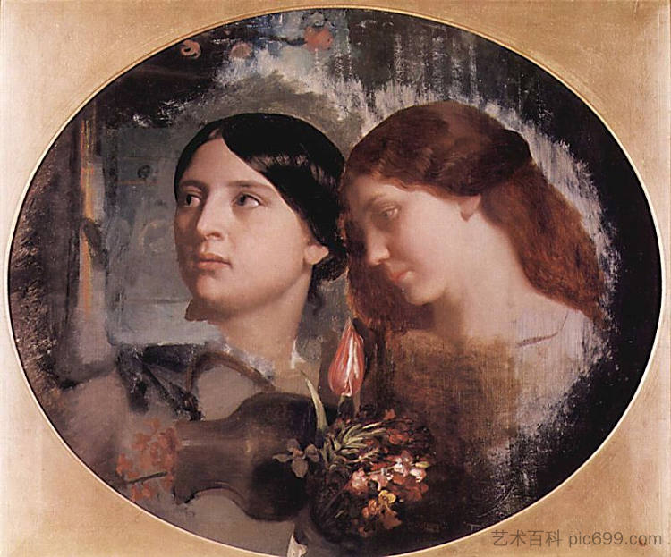 两个女人拿着一束花 Two Women with a Bouquet of Flowers (1852)，查尔斯·格莱尔