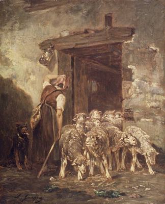 离开羊圈 Leaving the Sheep Pen (1889)，夏尔·埃米尔·雅克