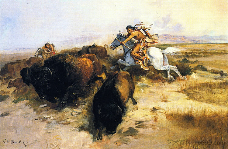 布法罗狩猎 Buffalo Hunt (1897)，查尔斯·拉塞尔