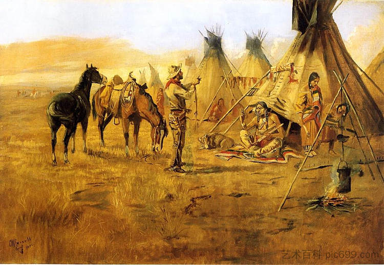 印第安女孩的牛仔讨价还价 Cowboy Bargaining for an Indian Girl (1895)，查尔斯·拉塞尔