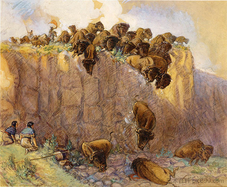 驱赶水牛越过悬崖 Driving Buffalo Over the Cliff (1914),查尔斯·拉塞尔