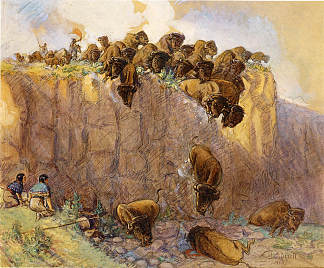 驱赶水牛越过悬崖 Driving Buffalo Over the Cliff (1914)，查尔斯·拉塞尔