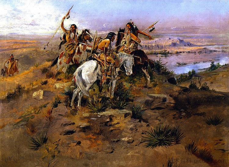 印第安人发现刘易斯和克拉克 Indians Discovering Lewis and Clark (1896)，查尔斯·拉塞尔