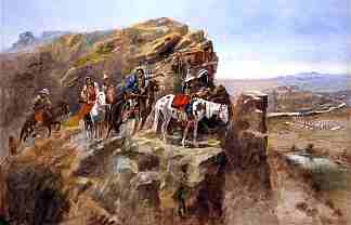 印第安人在悬崖上调查迈尔斯将军的部队 Indians on a Bluff Surveying General Miles’ Troops，查尔斯·拉塞尔