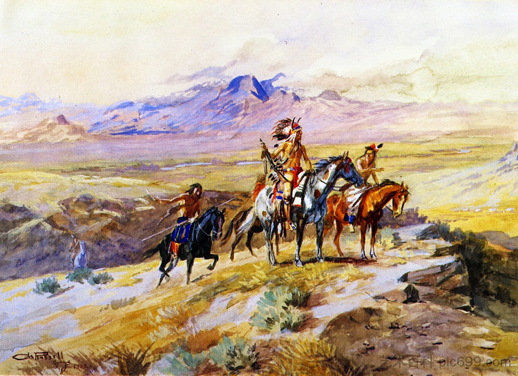 印度人侦察马车火车 Indians Scouting a Wagon Train (1902)，查尔斯·拉塞尔