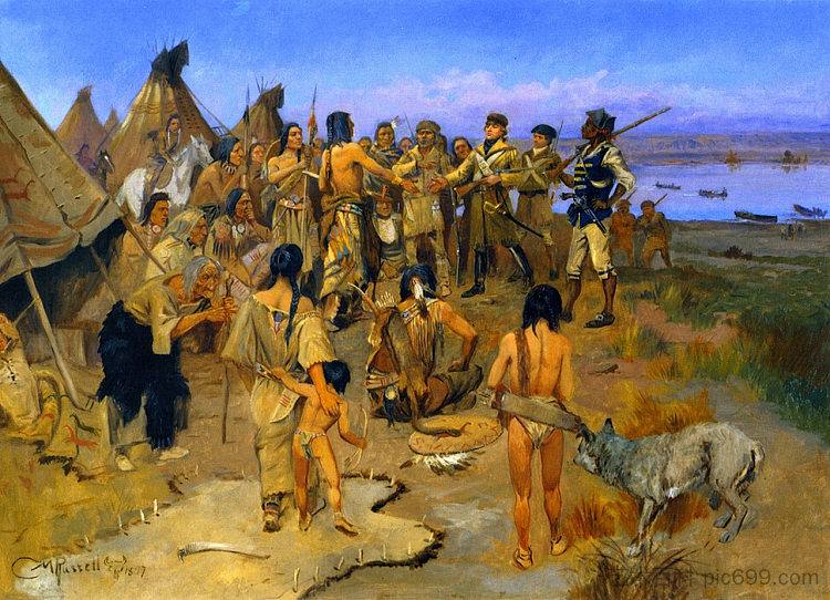 刘易斯和克拉克会见曼丹印第安人 Lewis and Clark Meeting the Mandan Indians (1897)，查尔斯·拉塞尔