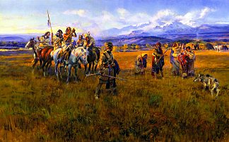 刘易斯和克拉克到达肖肖尼营地，由鸟女萨卡哈维亚率领 Lewis and Clark Reach Shoshone Camp Led by Sacajawea the Bird Woman (1918)，查尔斯·拉塞尔