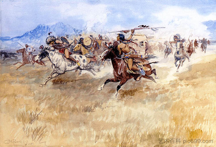 黑脚族和皮根族之间的战斗 The Battle Between the Blackfeet and the Piegans (1897),查尔斯·拉塞尔