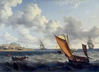 沿海城镇的渔船和海关船 A Fishing Lugger and Customs Boat off a Coastal Town (1823)，查尔斯·马丁·鲍威尔
