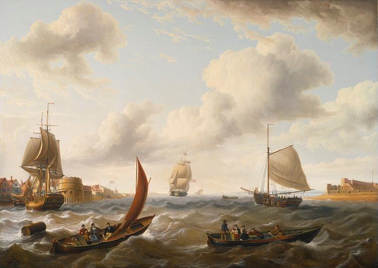 波涛汹涌的大海中的英国战舰和其他船只 British Men of War and Other Ships off the Coast in Choppy Seas，查尔斯·马丁·鲍威尔