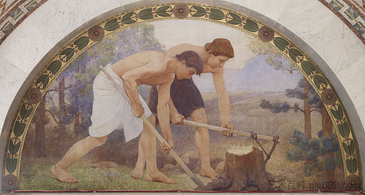 家庭与教育系列中的卢内特劳动壁画 Labor Mural in Lunette from the Family and Education Series (1896),查尔斯·斯普拉格·皮尔斯