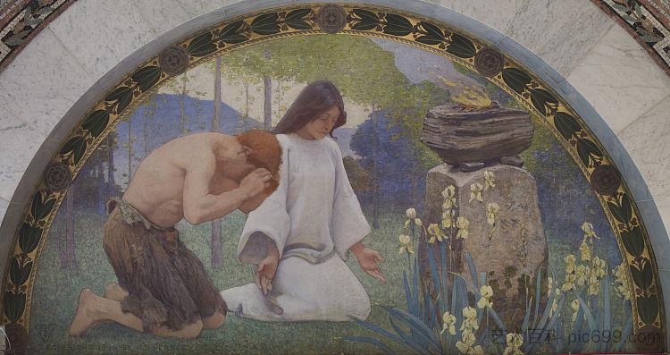 家庭与教育系列中的卢内特宗教壁画 Religion Mural in Lunette from the Family and Education Series (1896),查尔斯·斯普拉格·皮尔斯