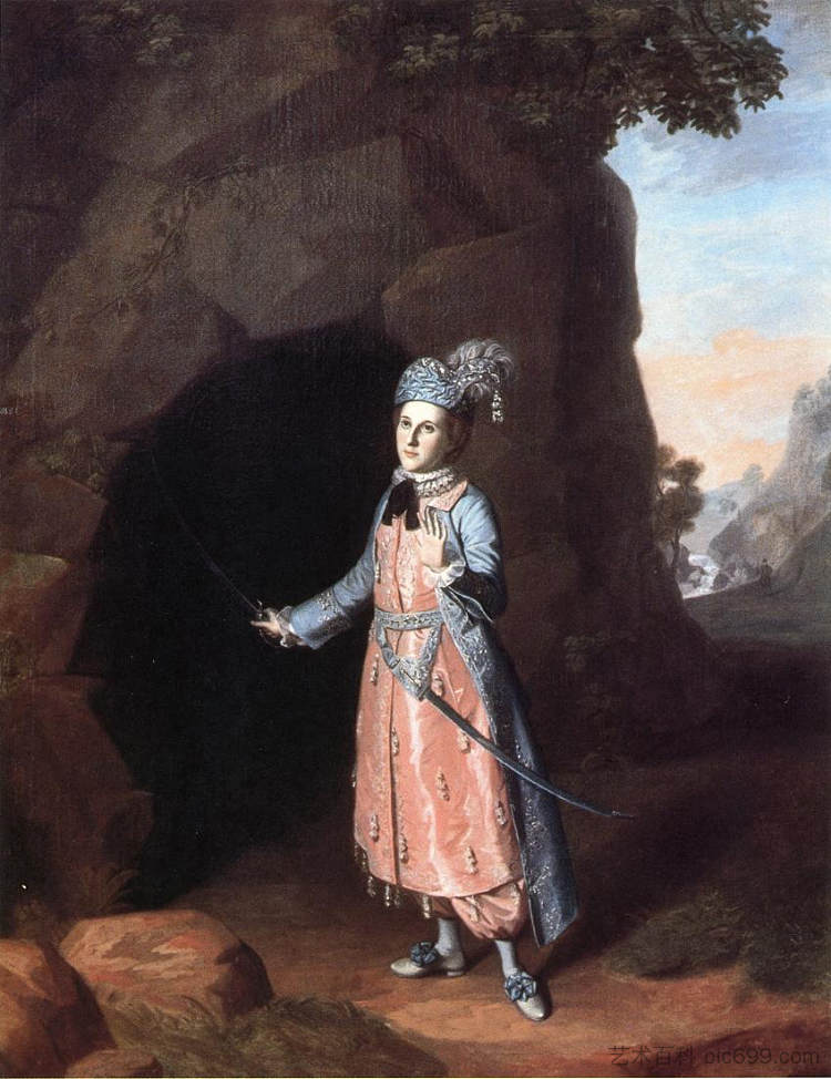 南希·哈勒姆（Nancy Hallam）在莎士比亚的《Cymbeline》中饰演Fidele Nancy Hallam as Fidele in Shakespeare's Cymbeline (1771)，查尔斯·威尔森·皮尔