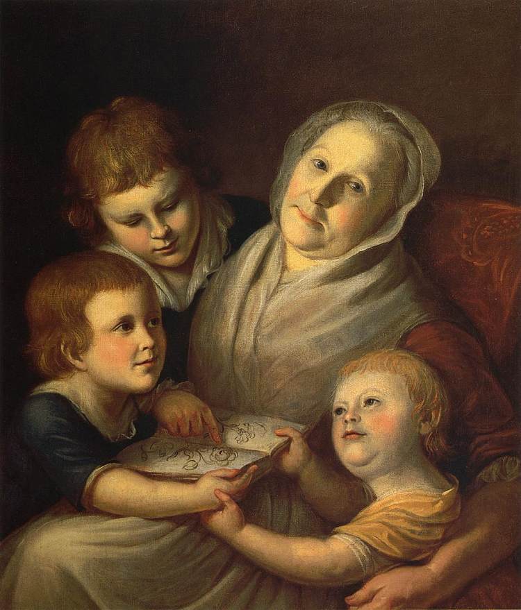 艺术家的母亲查尔斯·皮尔夫人和她的孙子拉斐尔、安吉莉卡和伦勃朗 The Artist's Mother, Mrs. Charles Peale and Her Grandchildren, Raphaelle, Angelica & Rembrandt (1780)，查尔斯·威尔森·皮尔