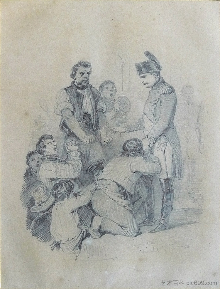 人群在爱丽舍宫的花园里挤在皇帝周围 The crowd crowds around the emperor in the gardens of the Elysee (c.1841),尼古拉斯·杜桑·查莱