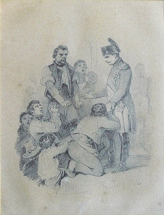 人群在爱丽舍宫的花园里挤在皇帝周围 The crowd crowds around the emperor in the gardens of the Elysee (c.1841)，尼古拉斯·杜桑·查莱