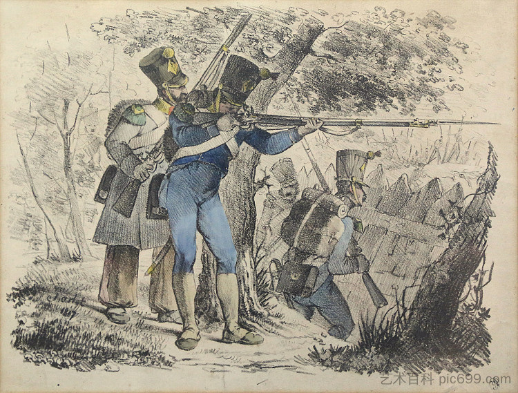 栅栏后面的散兵中的伏尔蒂格 Voltigeurs in Skirmishers behind a Palisade (1817),尼古拉斯·杜桑·查莱