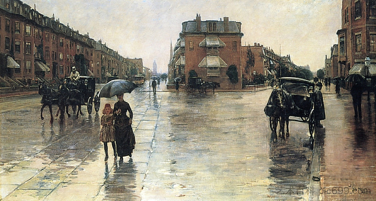 波士顿的雨天 A Rainy Day in Boston (1885)，施尔德·哈森