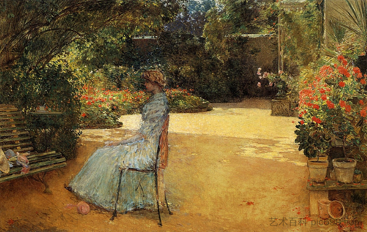 艺术家的妻子在花园里，维利尔勒贝尔 The Artist's Wife in a Garden, Villiers-le-Bel (1889)，施尔德·哈森