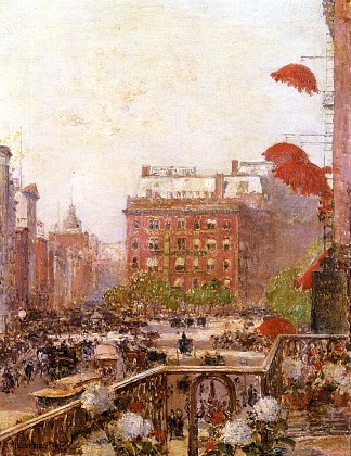 百老汇和第五大道的景色 View of Broadway and Fifth Avenue (1890)，施尔德·哈森