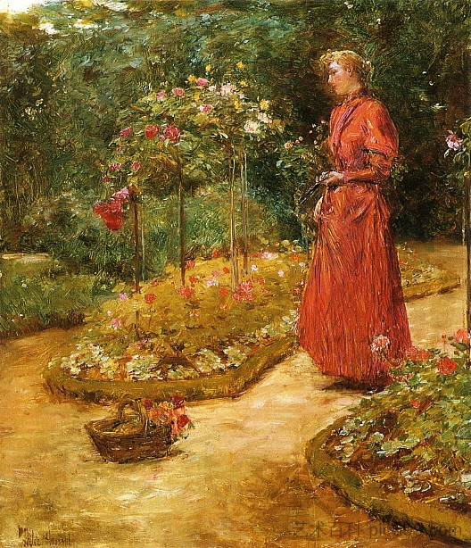 女人在花园里剪玫瑰 Woman Cutting Roses in a Garden (1888 - 1889)，施尔德·哈森