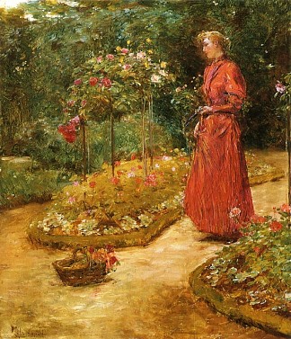 女人在花园里剪玫瑰 Woman Cutting Roses in a Garden (1888 – 1889)，施尔德·哈森